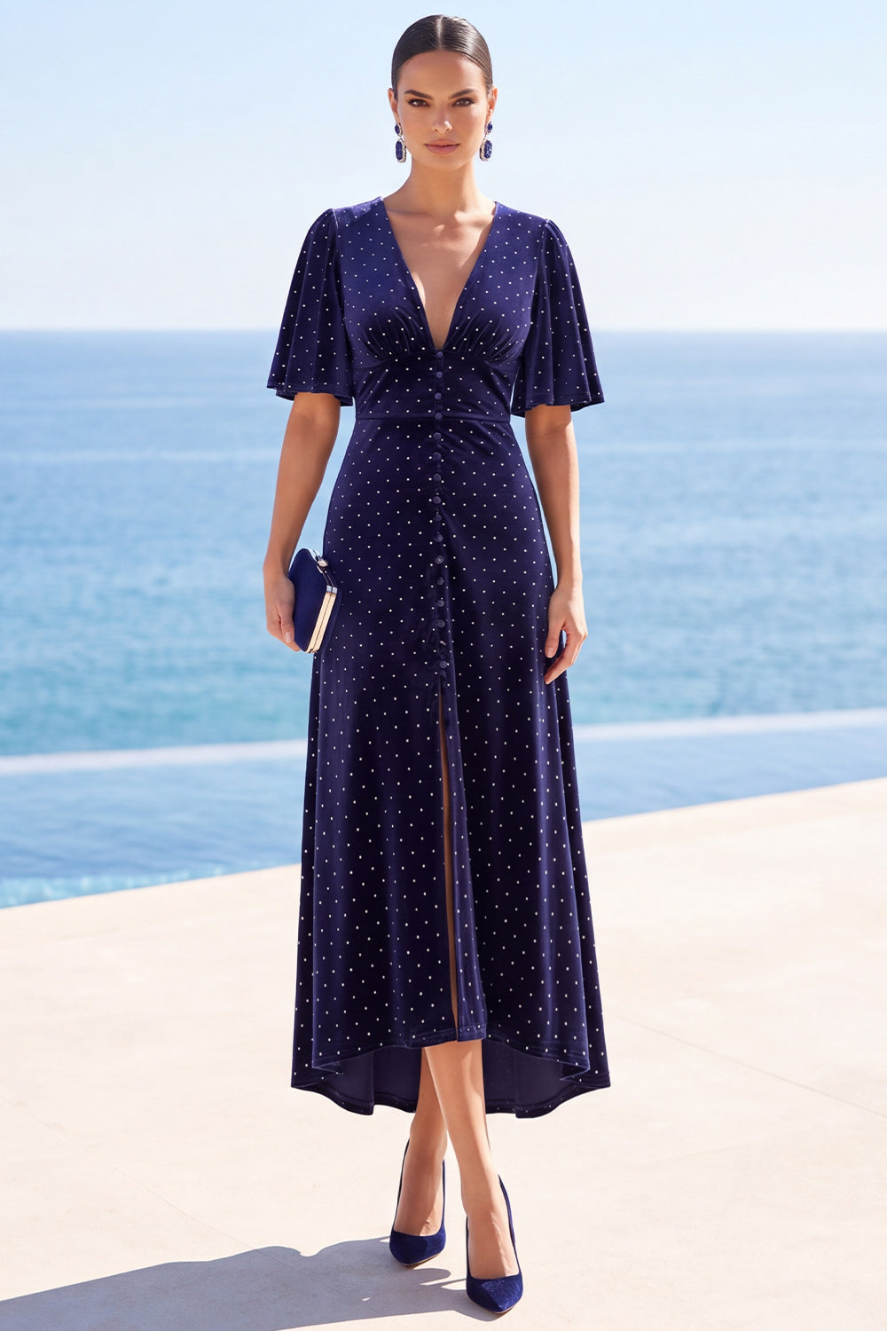 Polka Dot Navy V-Neck High-Low Hem Midi Dress with Flutter Short Sleeves
