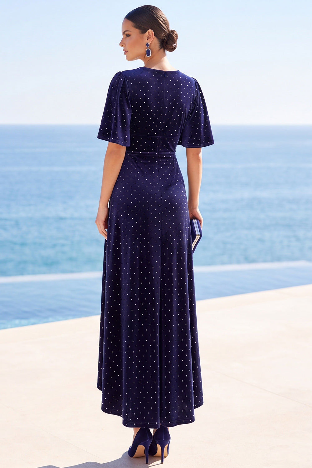 Polka Dot Navy V-Neck High-Low Hem Midi Dress with Flutter Short Sleeves