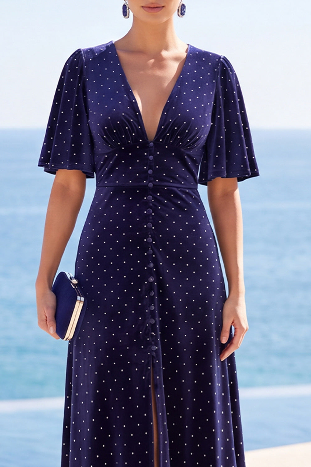 Polka Dot Navy V-Neck High-Low Hem Midi Dress with Flutter Short Sleeves