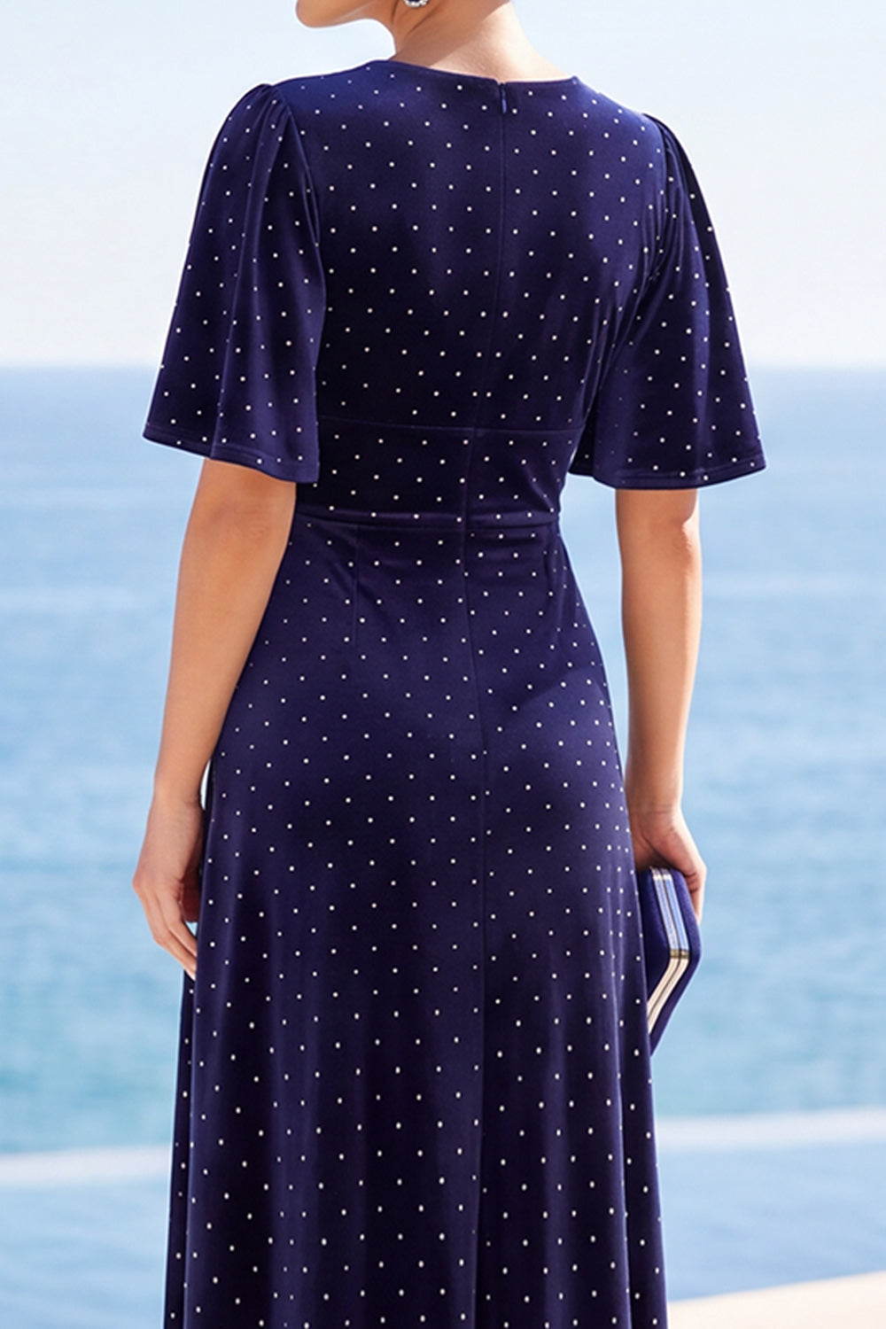Polka Dot Navy V-Neck High-Low Hem Midi Dress with Flutter Short Sleeves