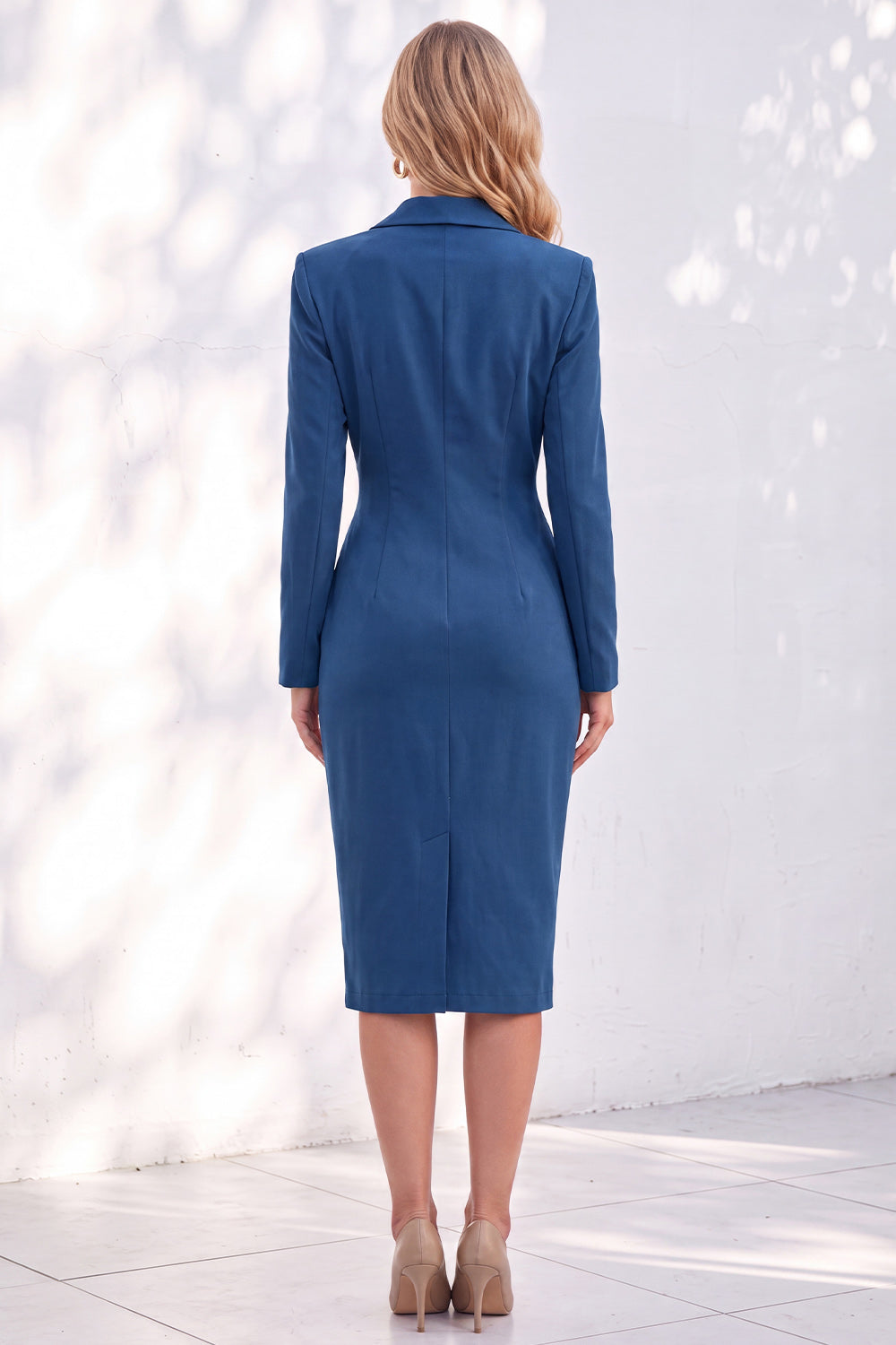 Blue Sheath Notched Lapel Ruched Midi Work Dress