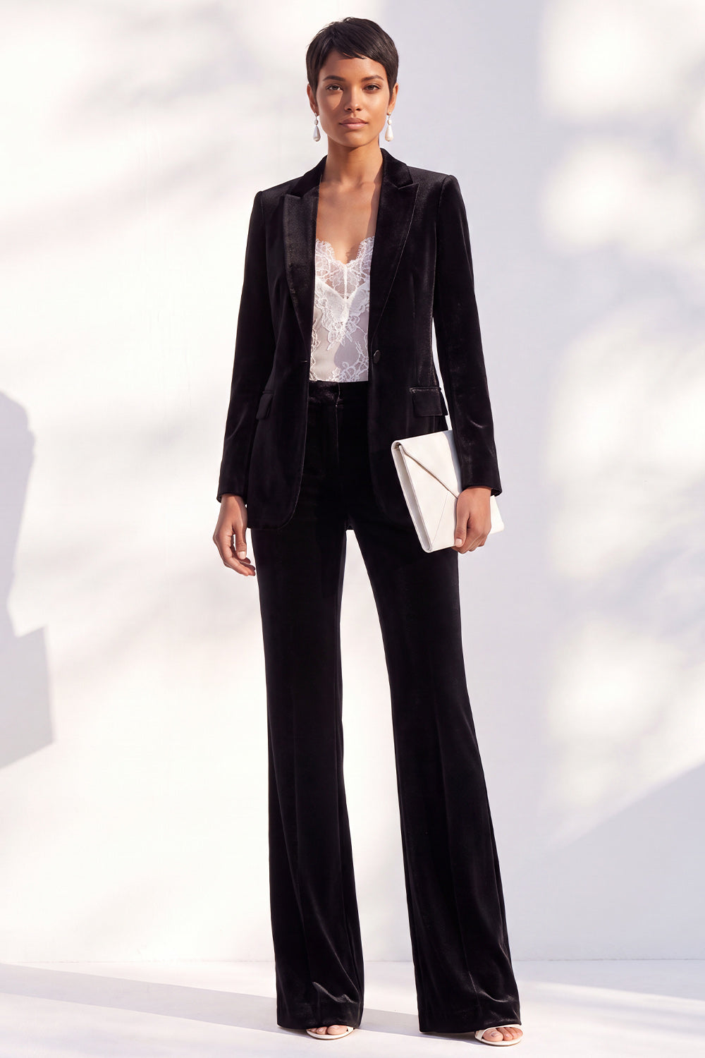 Black Velvet Peak Lapel Pantsuits Women Formal Suits