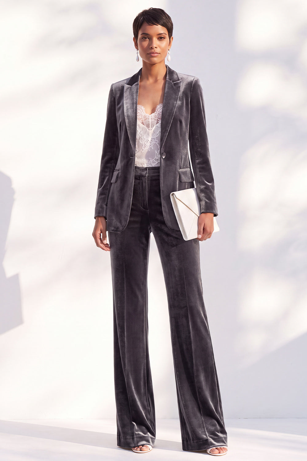 Black Velvet Peak Lapel Pantsuits Women Formal Suits