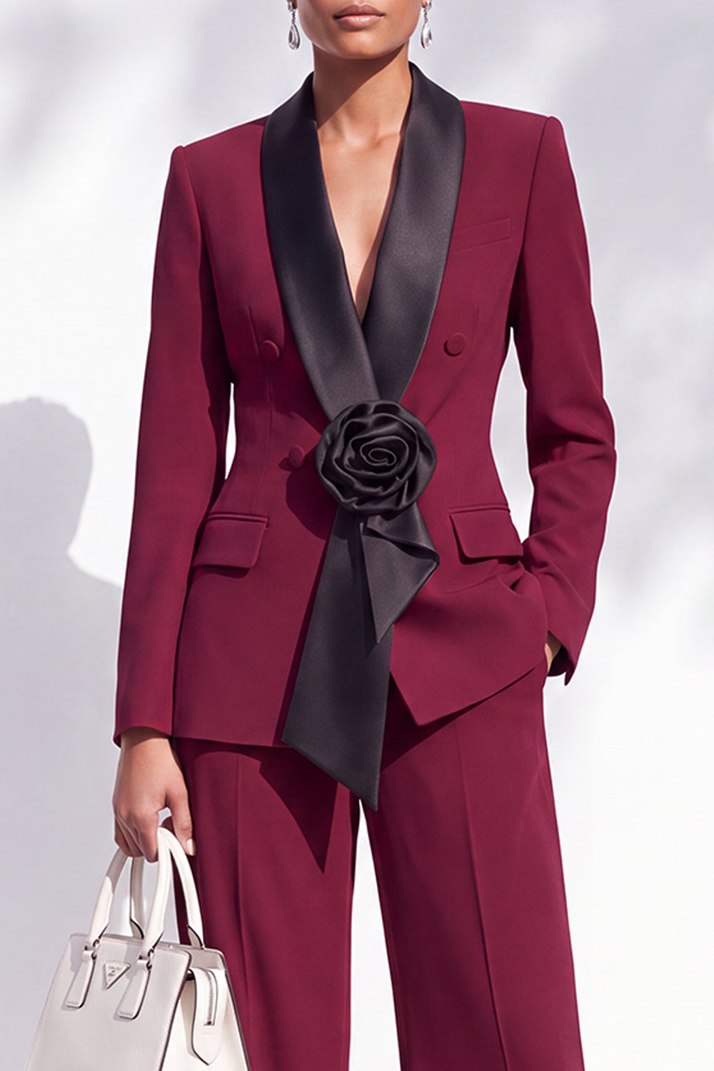 Blue Fitted Shawl Lapel Pantsuits Long Women Suits with 3D Flower