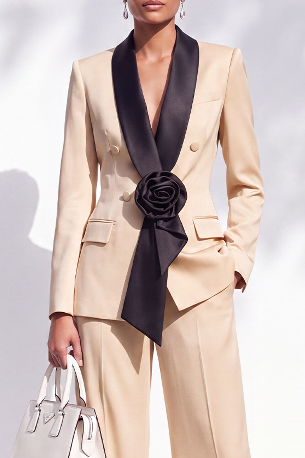 Blue Fitted Shawl Lapel Pantsuits Long Women Suits with 3D Flower