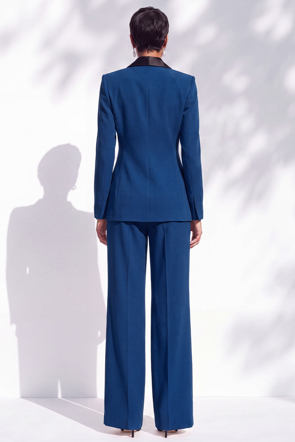 Blue Fitted Shawl Lapel Pantsuits Long Women Suits with 3D Flower
