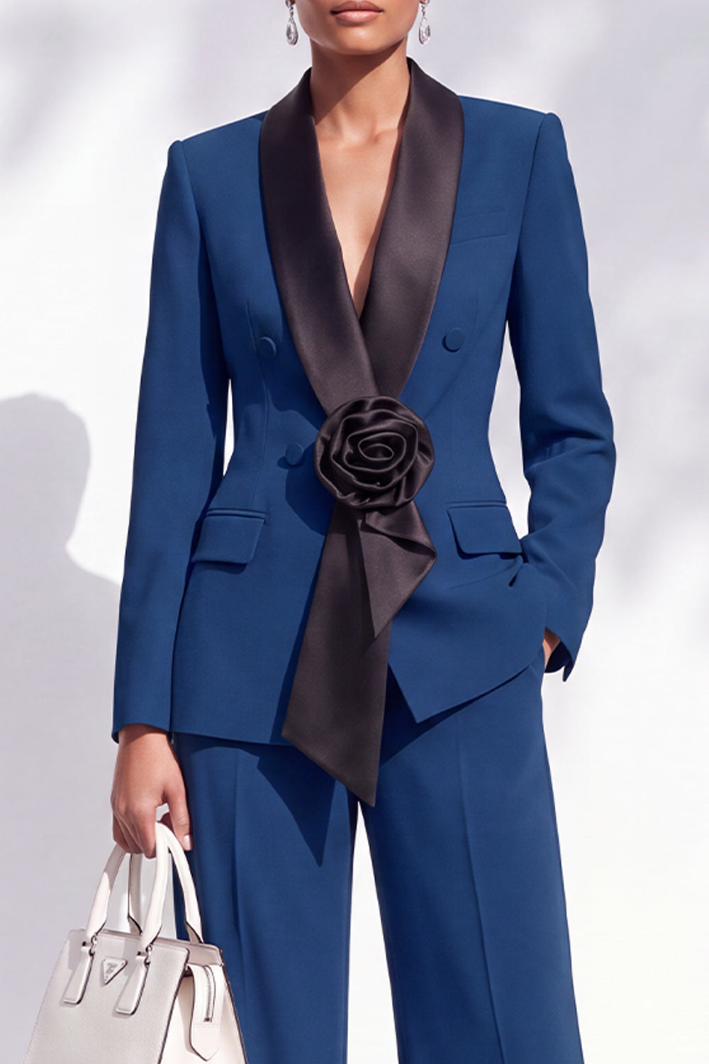 Blue Fitted Shawl Lapel Pantsuits Long Women Suits with 3D Flower
