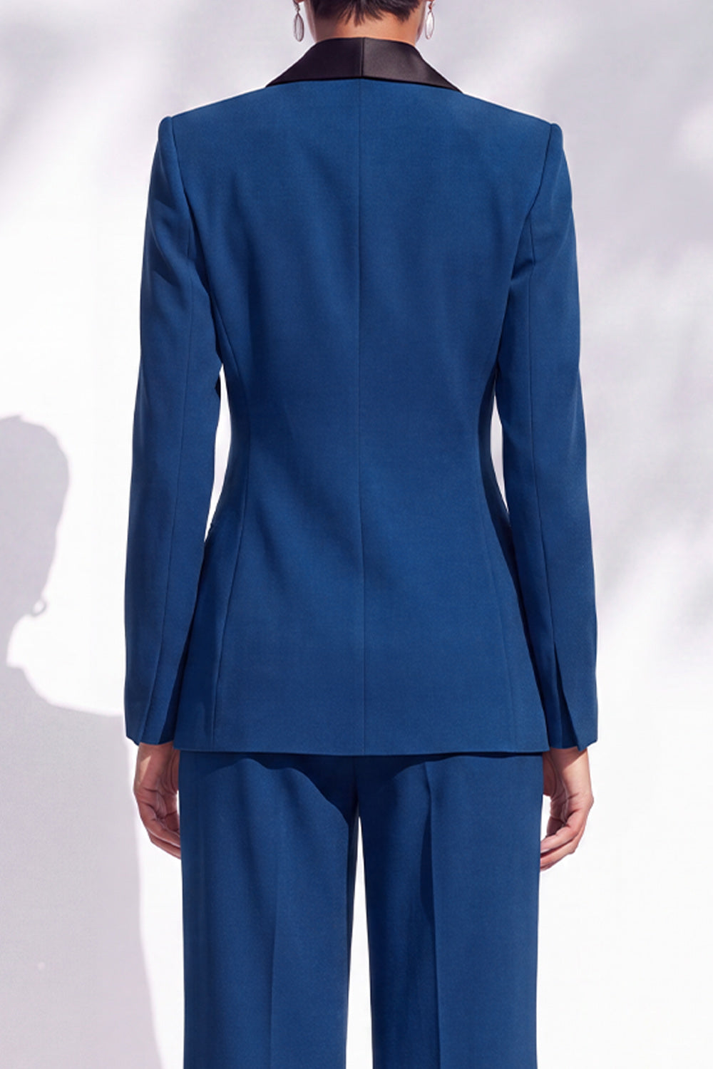 Blue Fitted Shawl Lapel Pantsuits Long Women Suits with 3D Flower