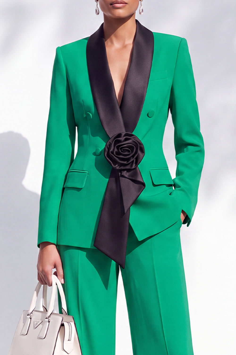Blue Fitted Shawl Lapel Pantsuits Long Women Suits with 3D Flower