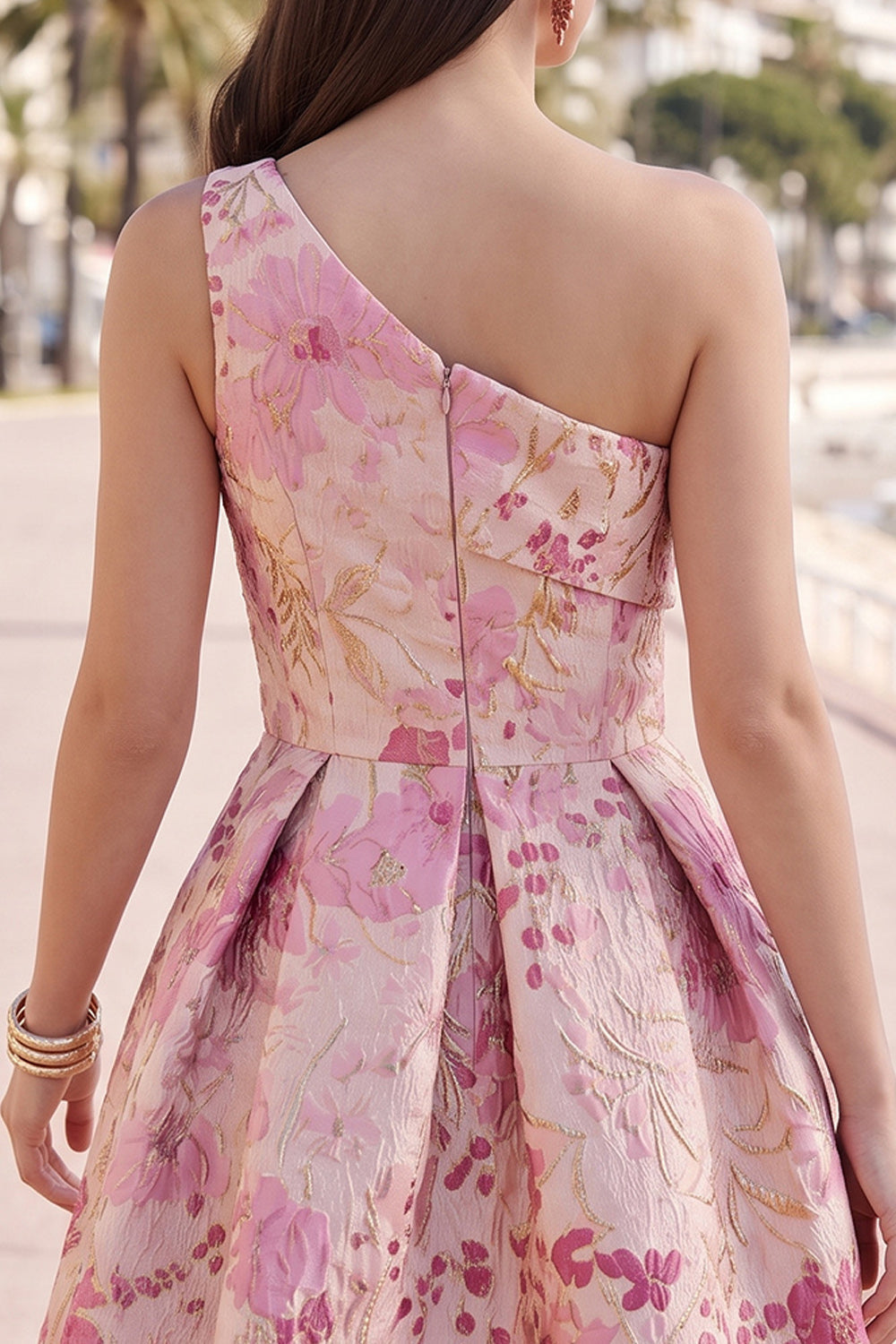 Pink One Shoulder Floral Jacquard Pleated A-Line Short Homecoming Dress