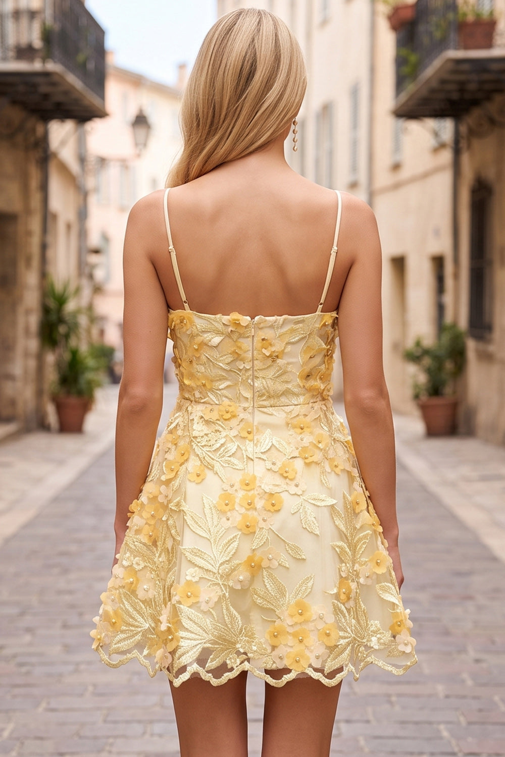 Yellow A-Line Embroidered Pearl Short Homecoming Dress with 3D Floral Appliques
