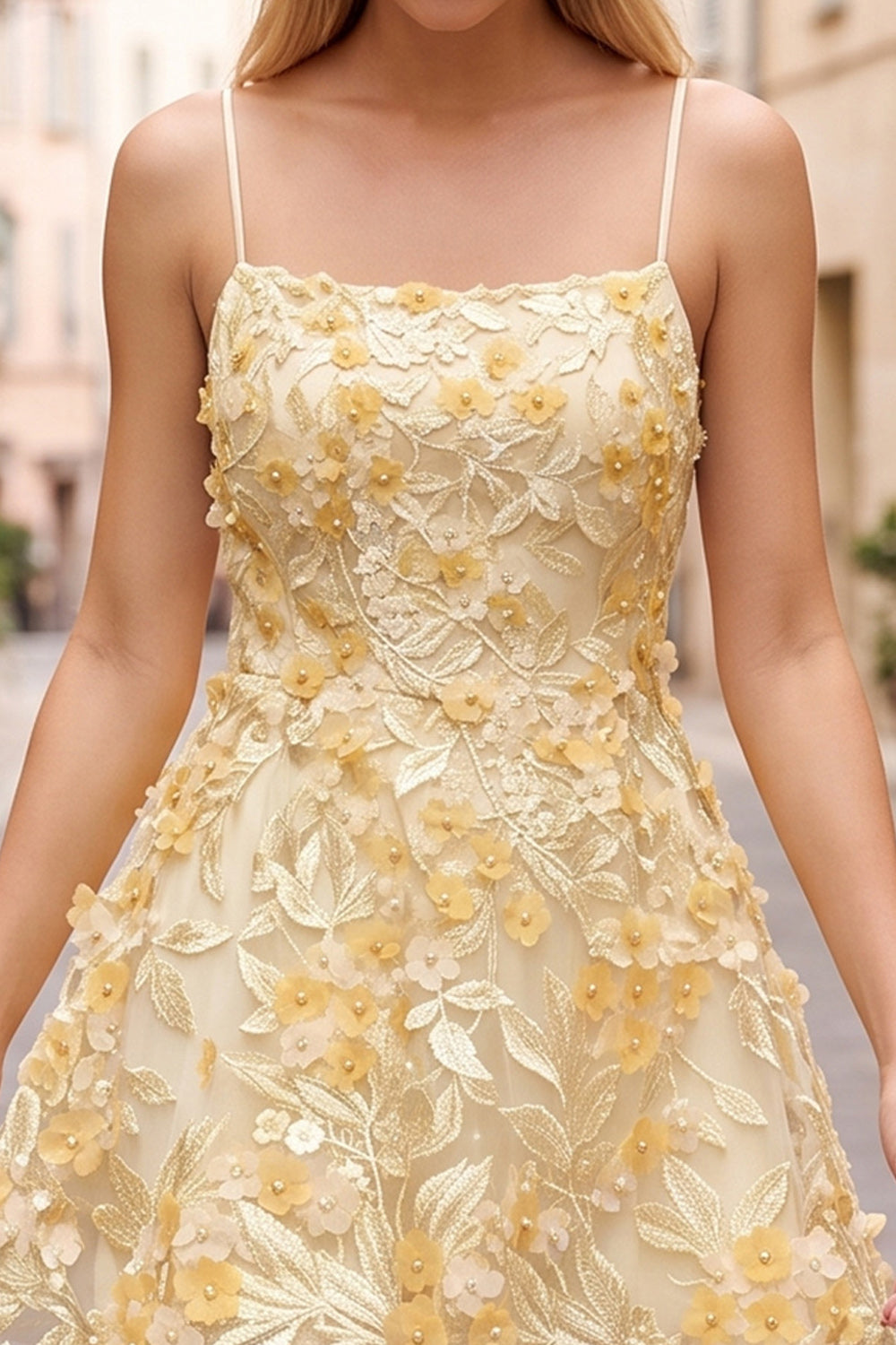 Yellow A-Line Embroidered Pearl Short Homecoming Dress with 3D Floral Appliques