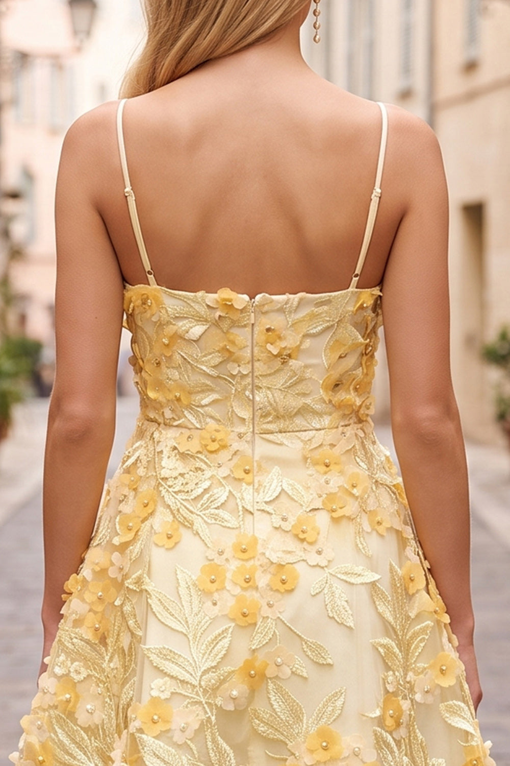 Yellow A-Line Embroidered Pearl Short Homecoming Dress with 3D Floral Appliques