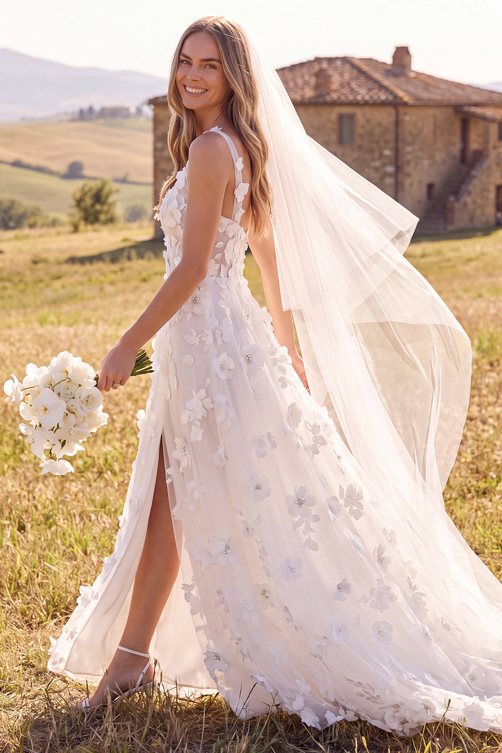 White A-Line Scoop 3D Flower Maxi Corset Elopement Wedding Dress with Side Slit