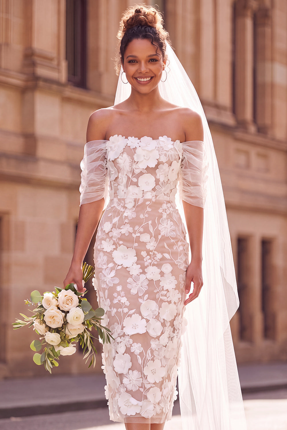 White Sheath Off-the-Shoulder Floral Midi Elopement Wedding Dress