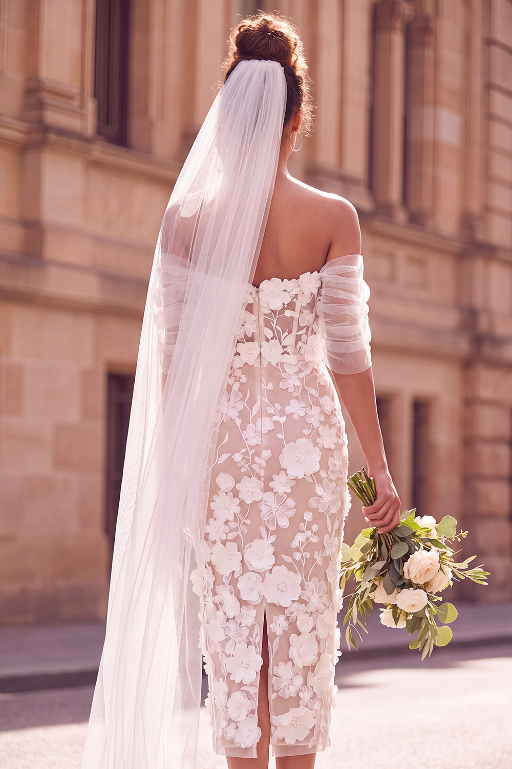 White Sheath Off-the-Shoulder Floral Midi Elopement Wedding Dress