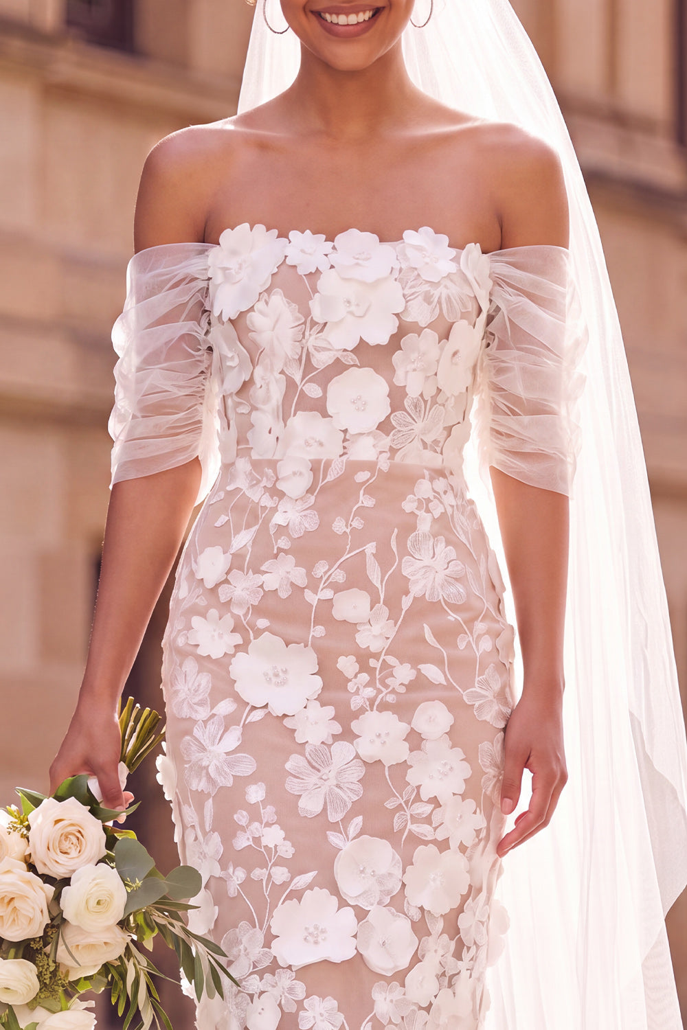 White Sheath Off-the-Shoulder Floral Midi Elopement Wedding Dress