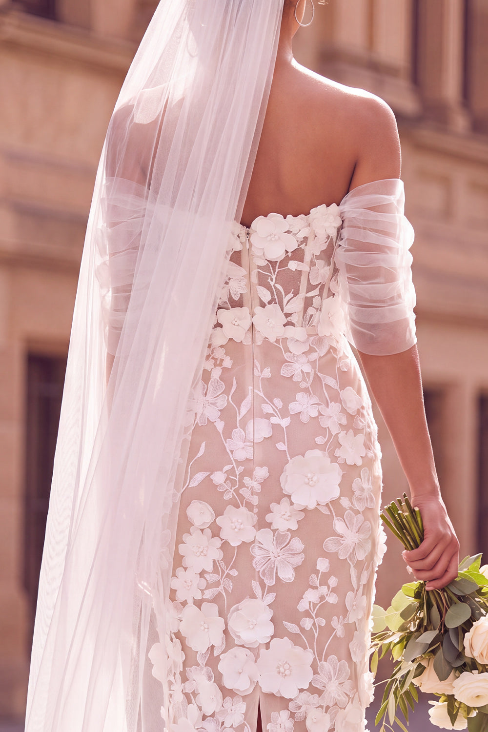 White Sheath Off-the-Shoulder Floral Midi Elopement Wedding Dress