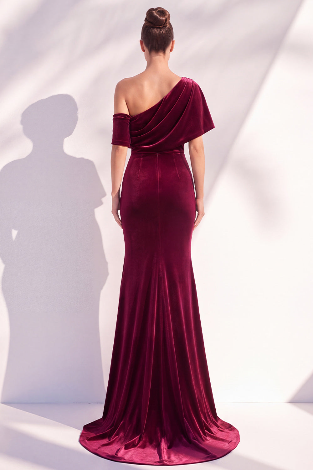 Burgundy Mermaid Ruched One Shoulder Asymmetrical Long Formal Dress