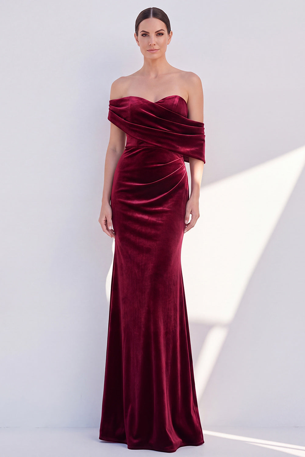 Burgundy Off-The-Shoulder Velvet Ruched Mermaid Formal Dress