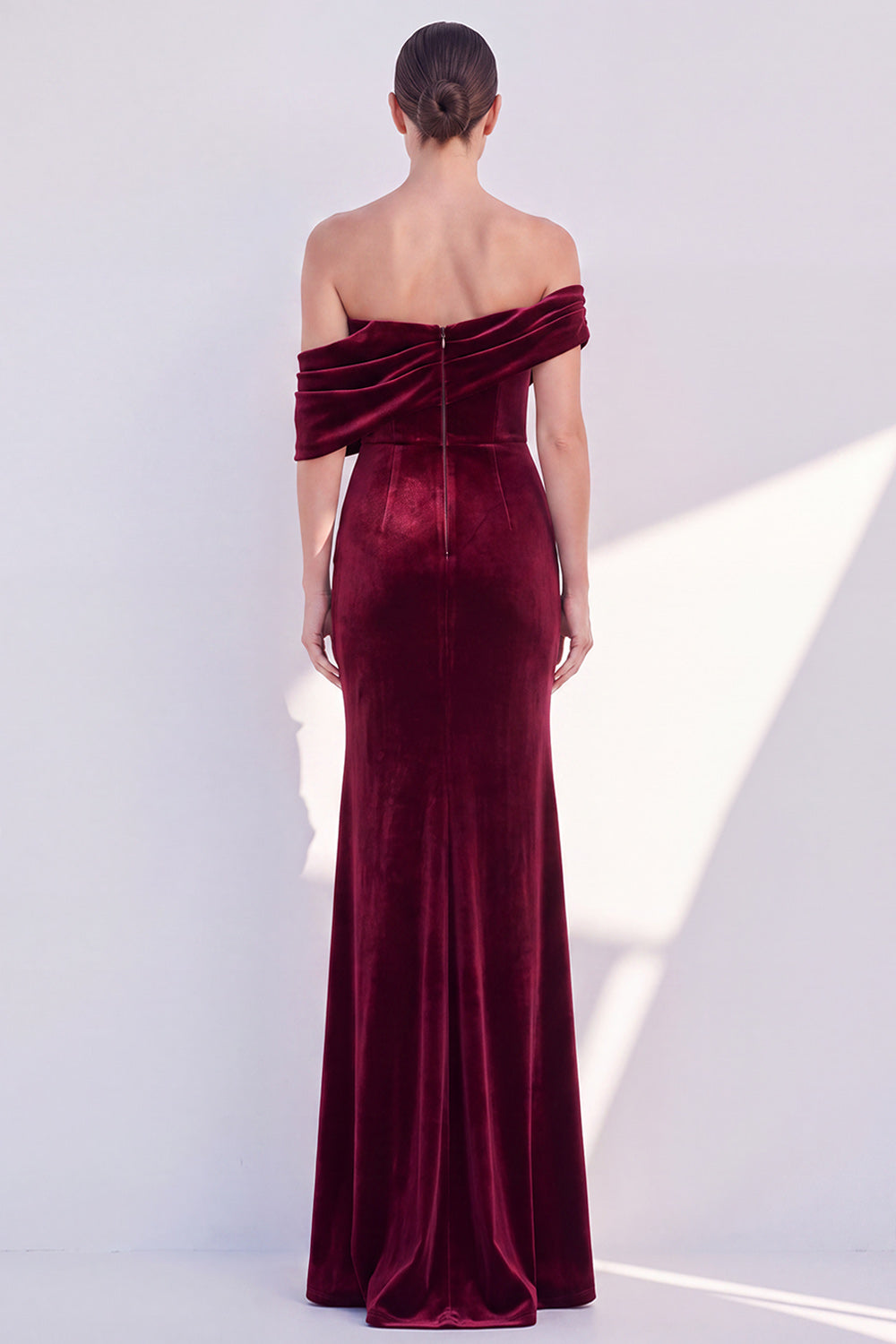 Burgundy Off-The-Shoulder Velvet Ruched Mermaid Formal Dress