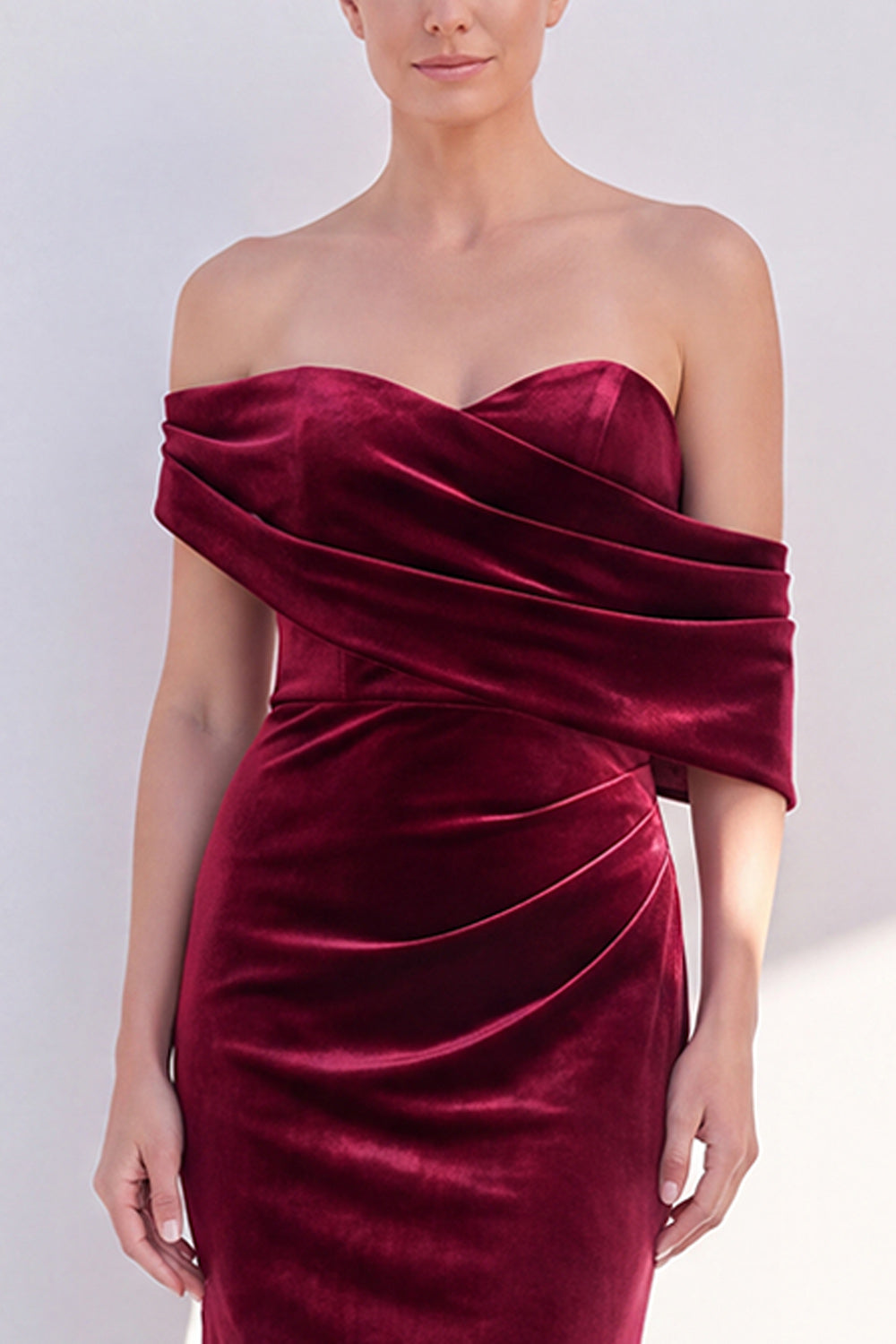 Burgundy Off-The-Shoulder Velvet Ruched Mermaid Formal Dress