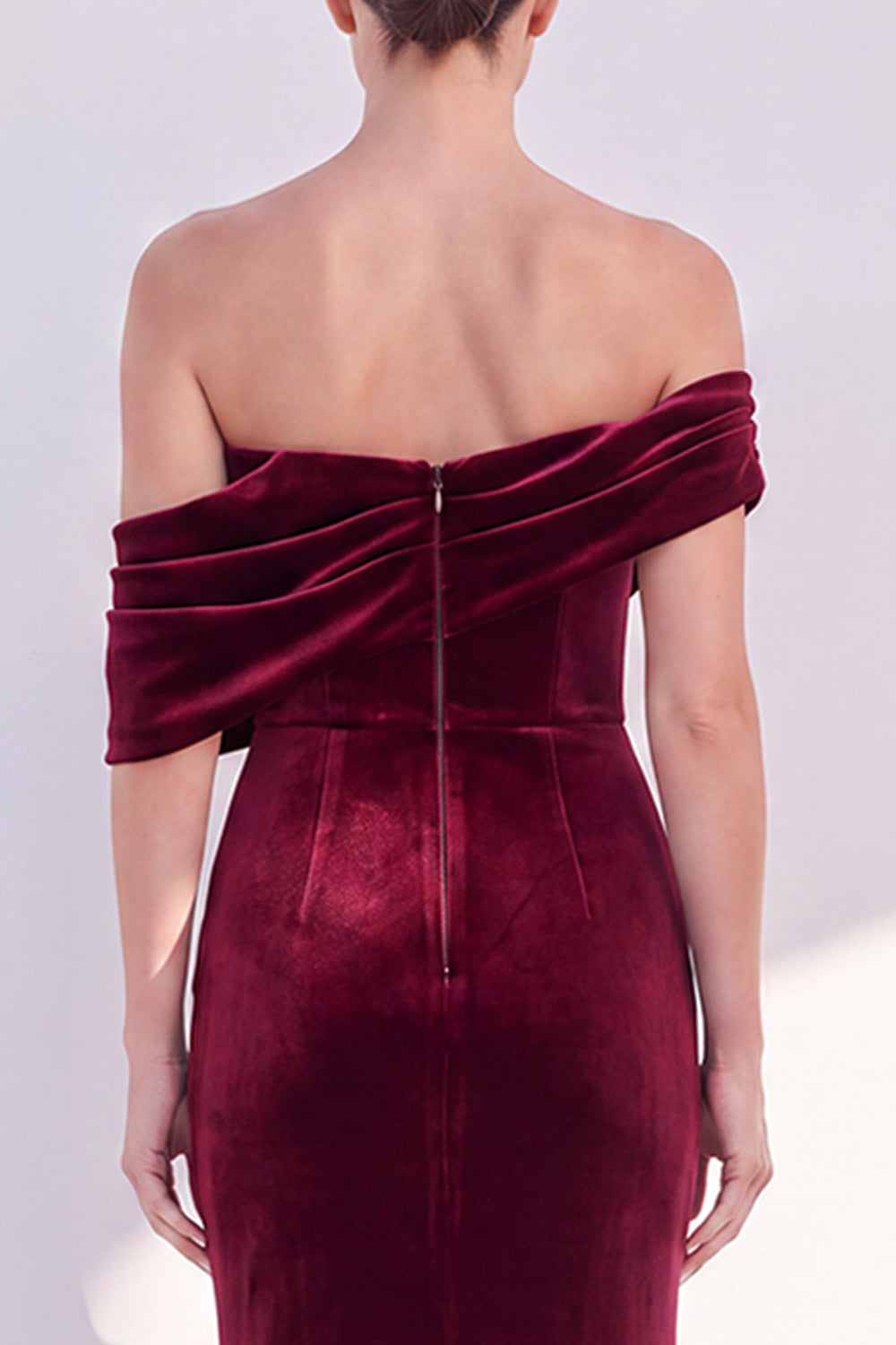 Burgundy Off-The-Shoulder Velvet Ruched Mermaid Formal Dress