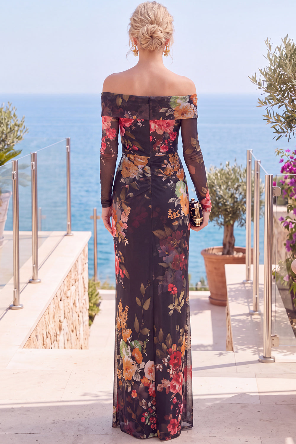 Pink Red Flower Strapless Sheath Floral Ruched Formal Dress with Slit