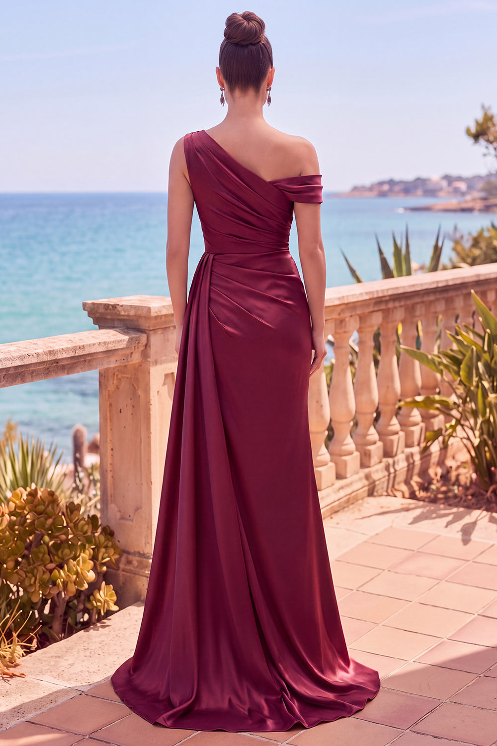 Navy Asymmetrical Ruched Mermaid Long Formal Dress with Side Streamer
