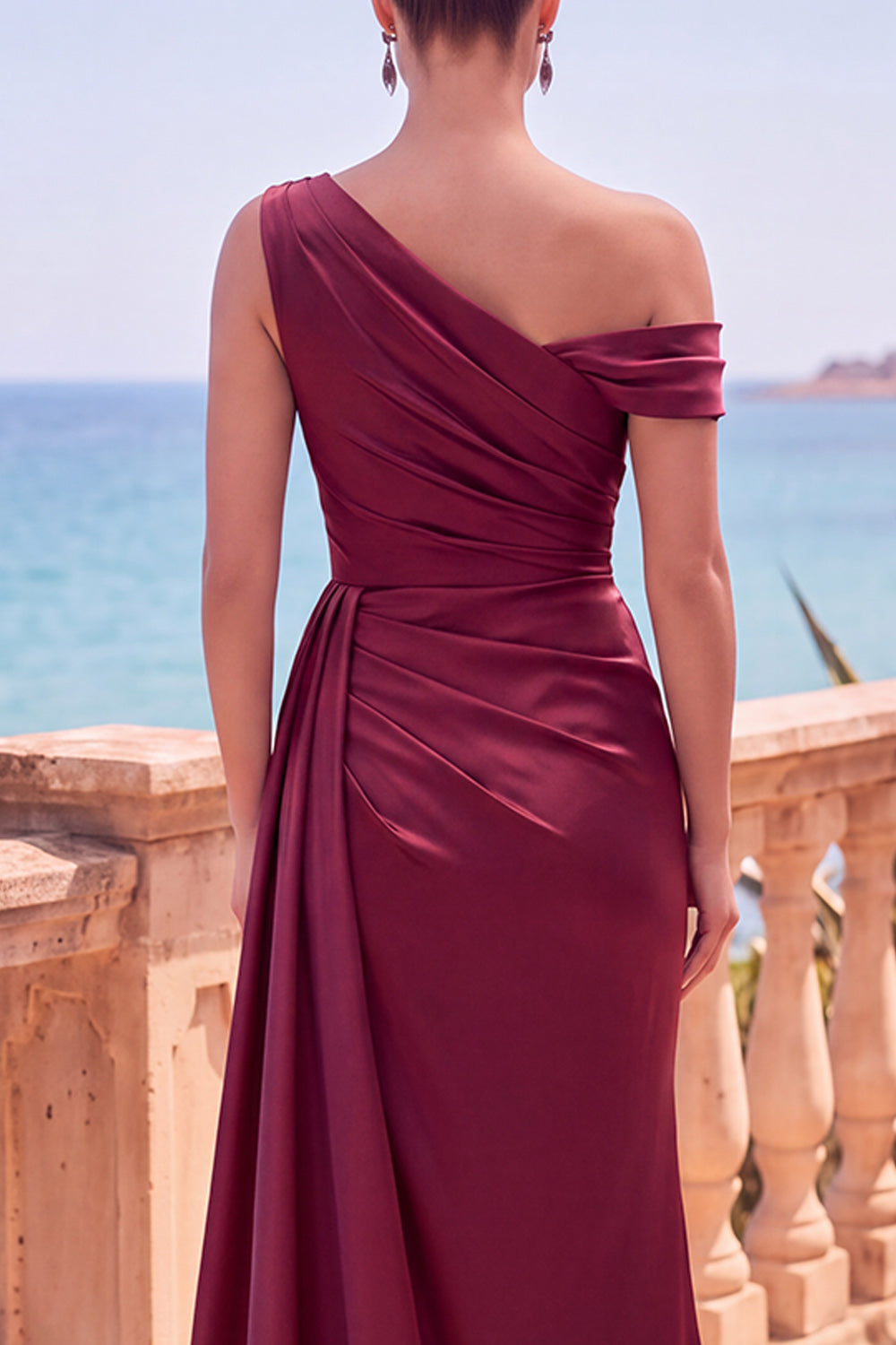 Navy Asymmetrical Ruched Mermaid Long Formal Dress with Side Streamer
