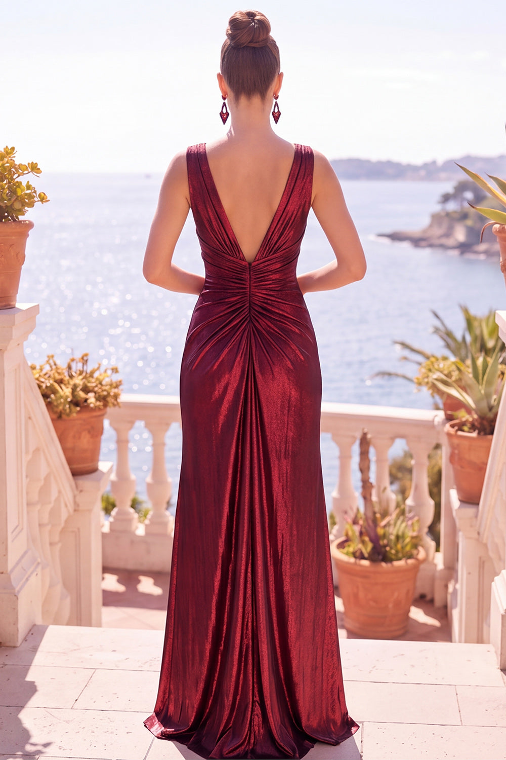 Burgundy Metallic Mermaid Ruched Long Formal Dress with Slit