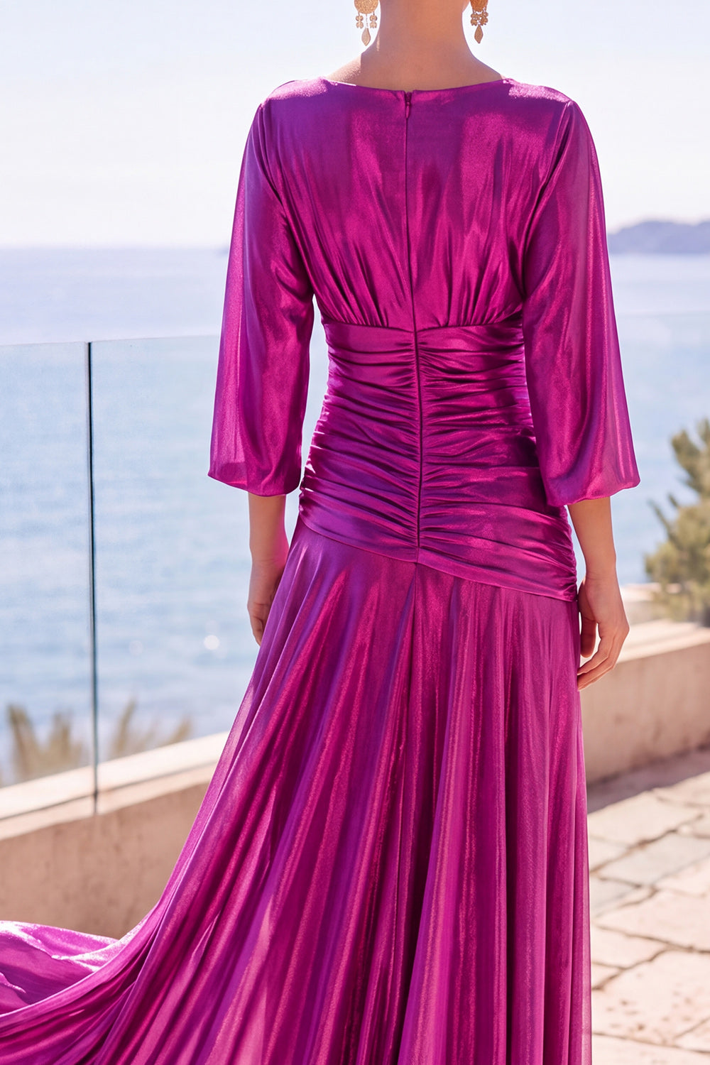 Champagne Ruched A-Line Half Sleeves Long Formal Dress