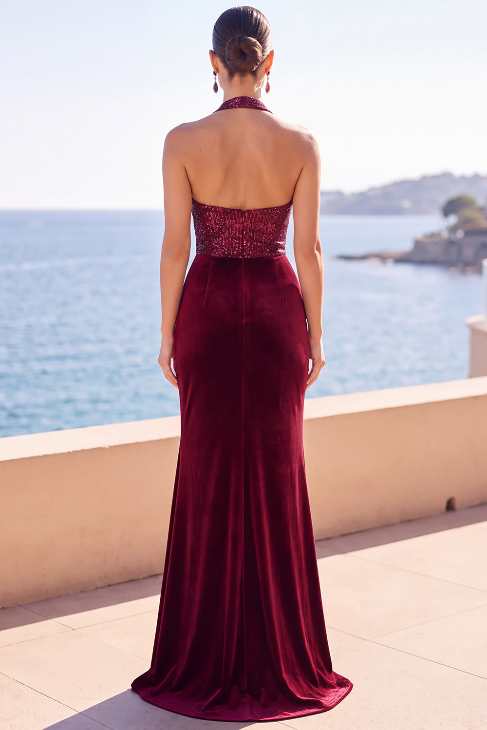 Burgundy Velvet Halter Neck Sequins Ruched Mermaid Long Formal Dress with Side Slit