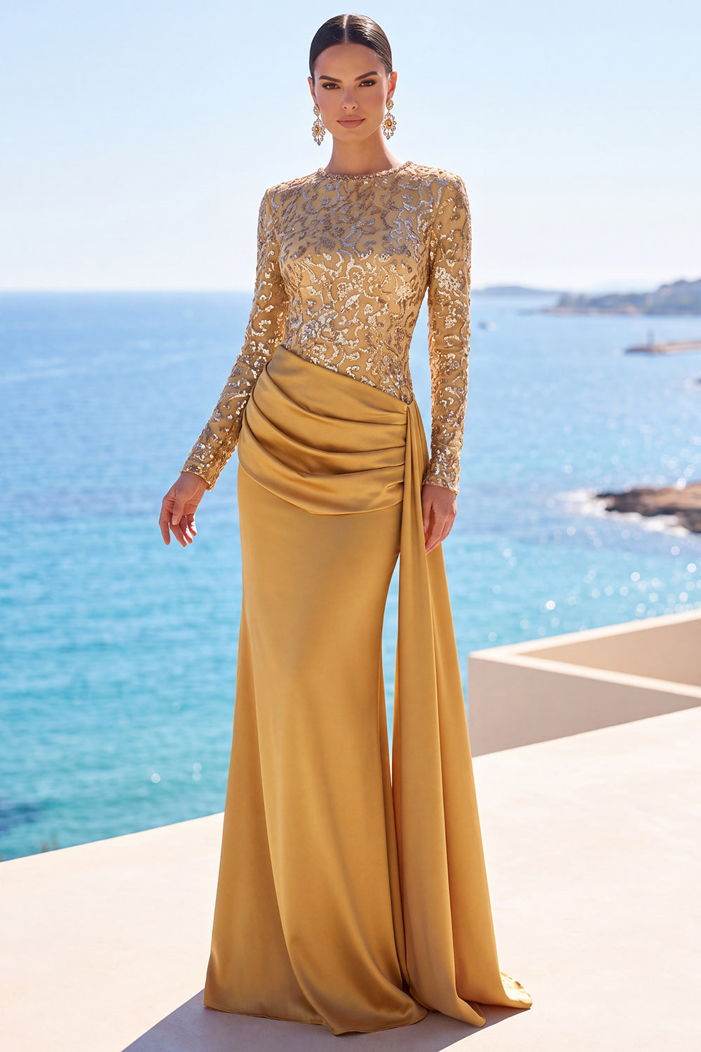 Golden Satin Long Sleeves Sequins Ruched Mermaid Long Formal Dress with Sash