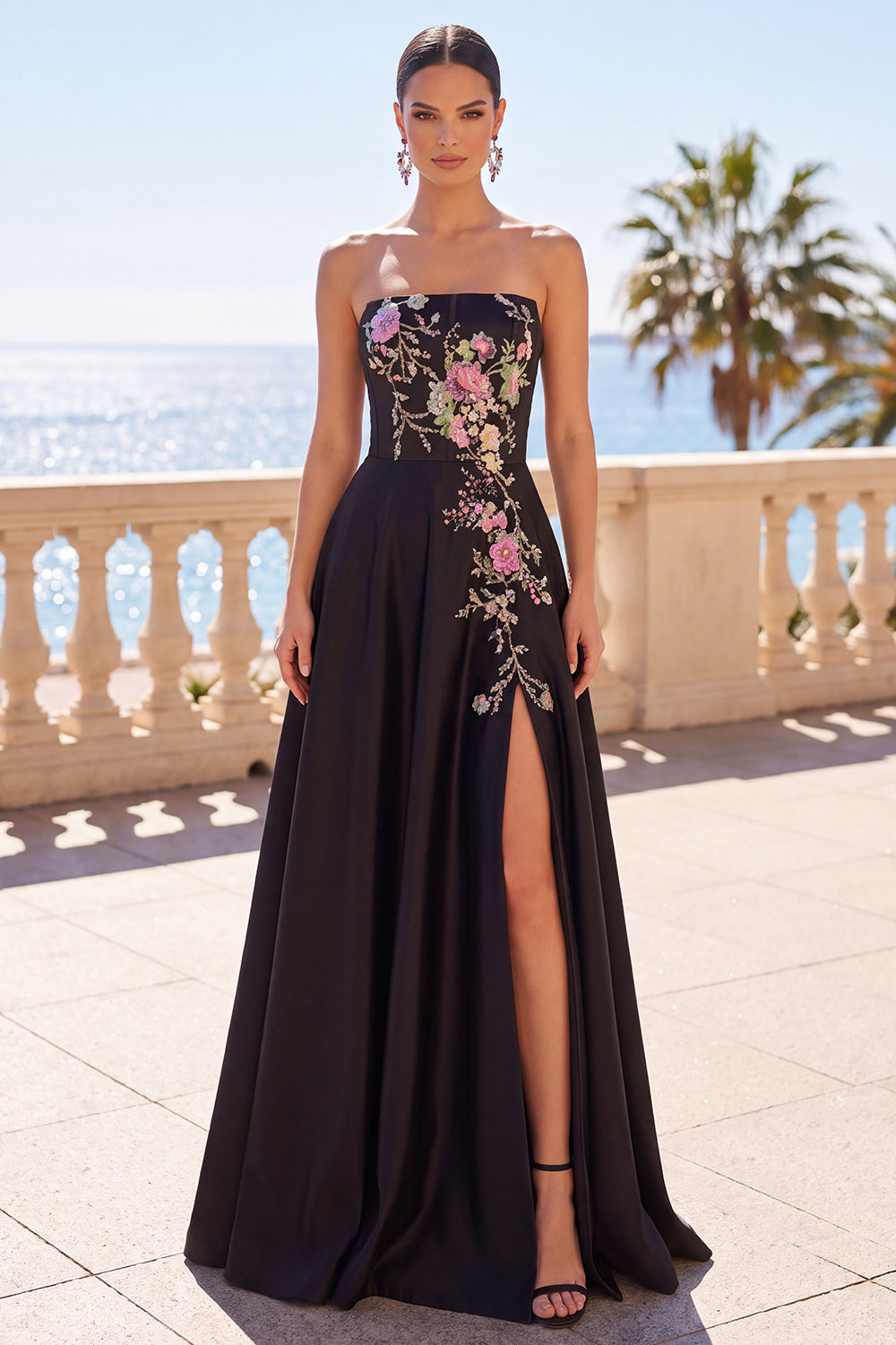 Black Floral Embroidery A-Line Strapless Long Formal Dress with Side Slit