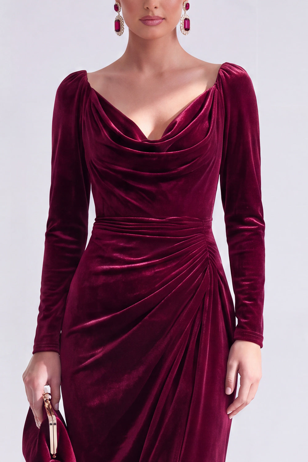 Dark Green Bodycon Velvet V-Neck Long Sleeves Mother of the Bride Dress with Slit