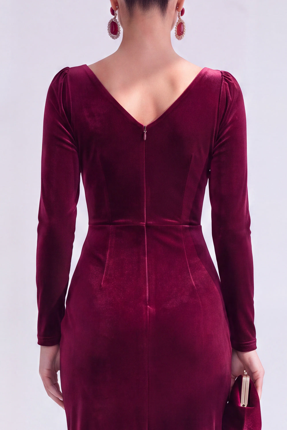 Dark Green Bodycon Velvet V-Neck Long Sleeves Mother of the Bride Dress with Slit