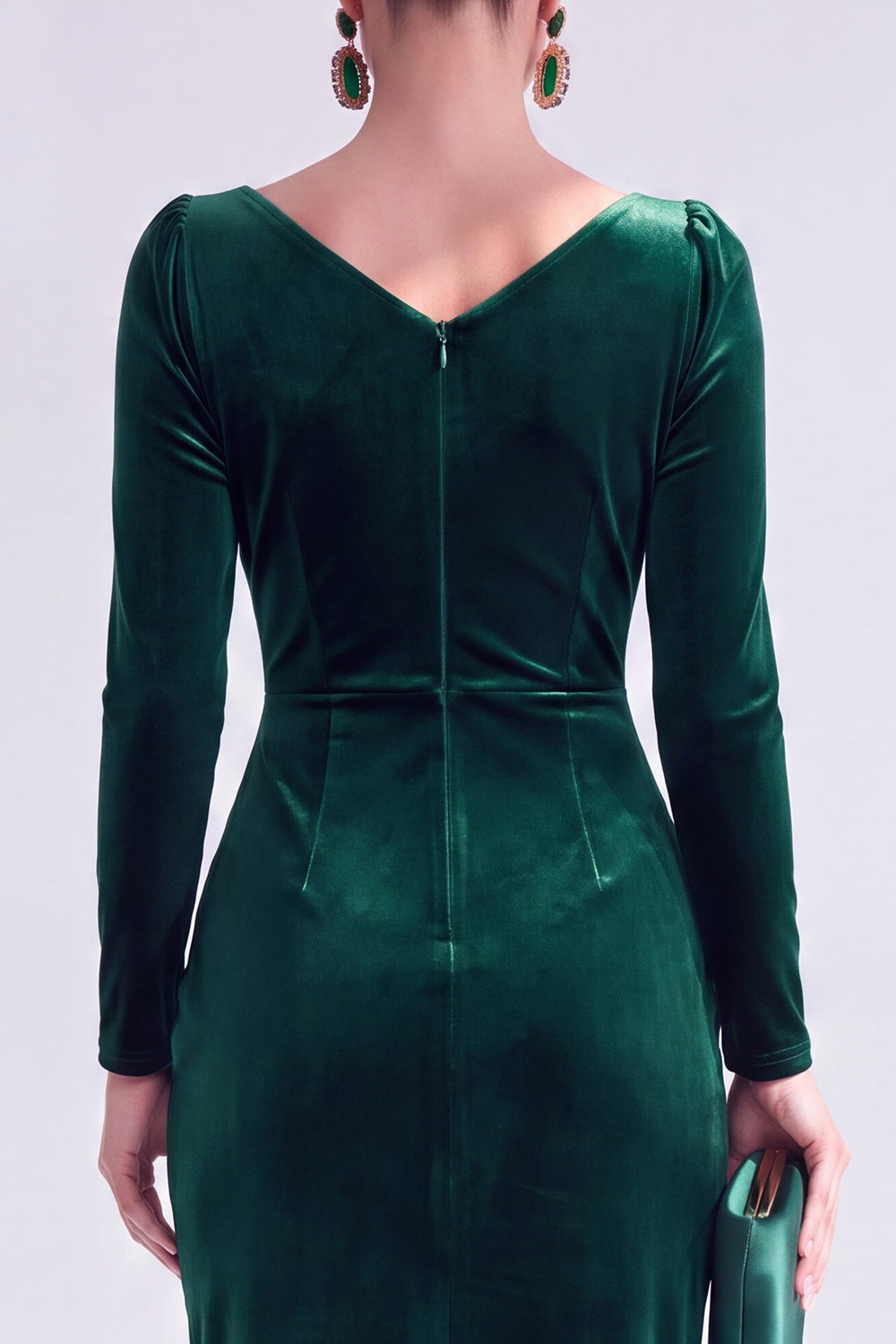 Dark Green Bodycon Velvet V-Neck Long Sleeves Mother of the Bride Dress with Slit