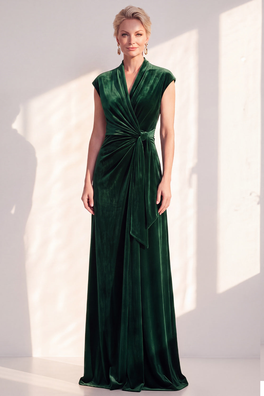 Dark Blue Velvet A-Line V-Neck Ruched Long Mother Of The Bride Dress