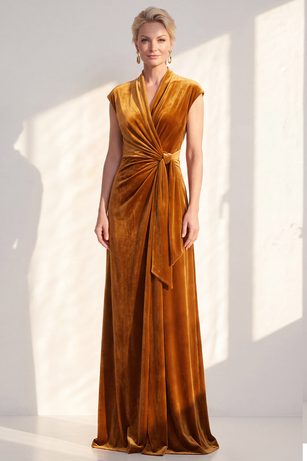 Dark Blue Velvet A-Line V-Neck Ruched Long Mother Of The Bride Dress