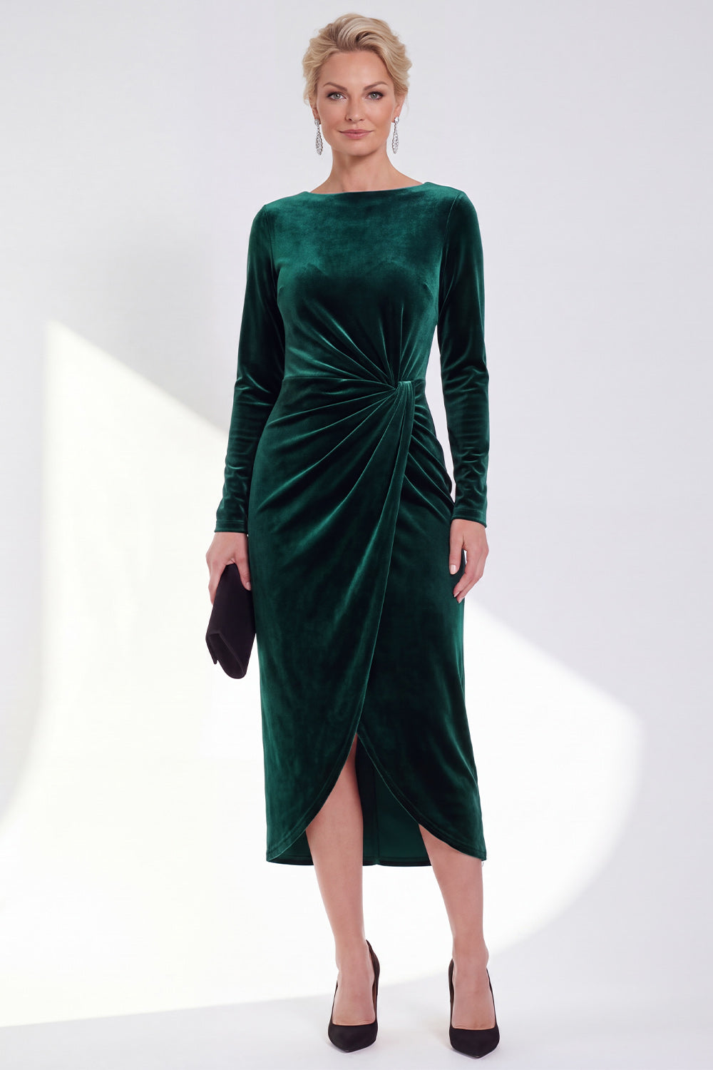 Navy Sheath Velvet Ruched Mother Of The Bride Dress