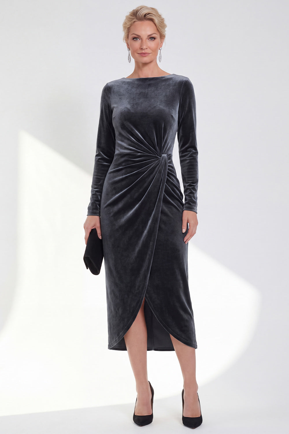 Navy Sheath Velvet Ruched Mother Of The Bride Dress