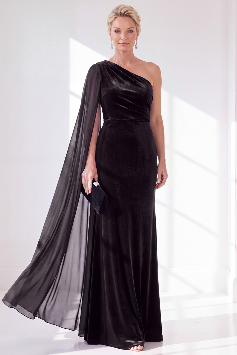 Burgundy One Shoulder Sheath Ruched Mother Of The Bride Dress with Side Cape