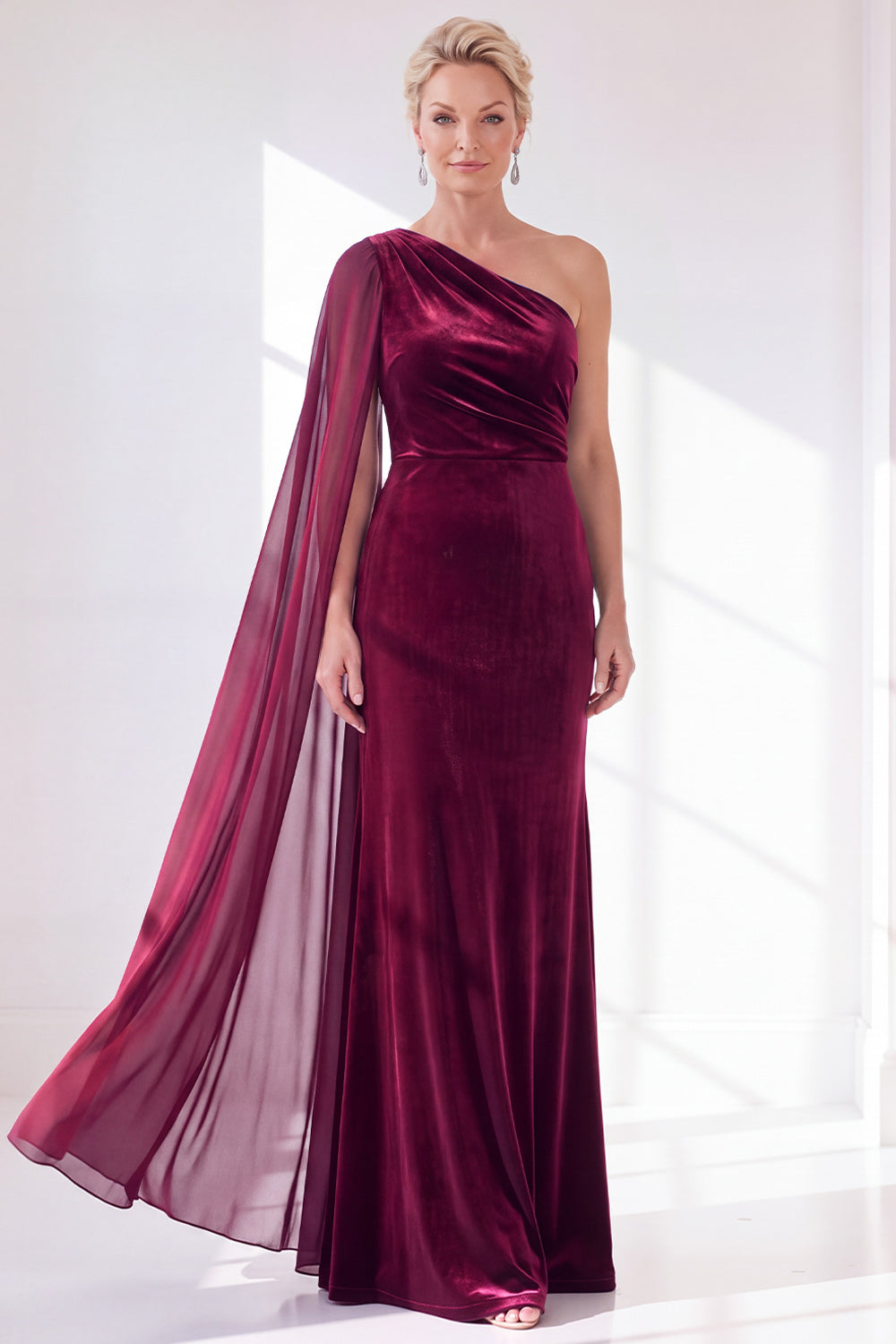 Burgundy One Shoulder Sheath Ruched Mother Of The Bride Dress with Side Cape
