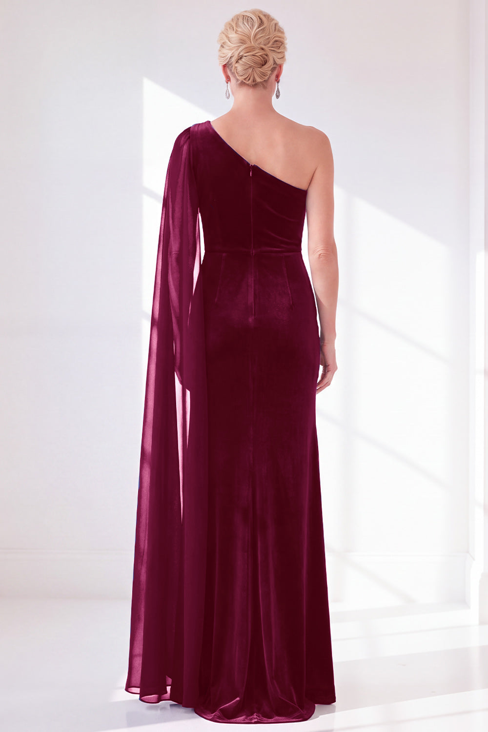Burgundy One Shoulder Sheath Ruched Mother Of The Bride Dress with Side Cape