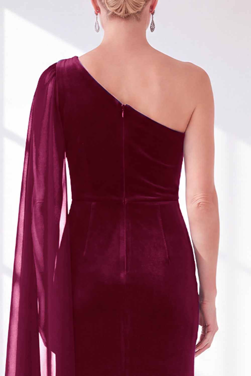 Burgundy One Shoulder Sheath Ruched Mother Of The Bride Dress with Side Cape