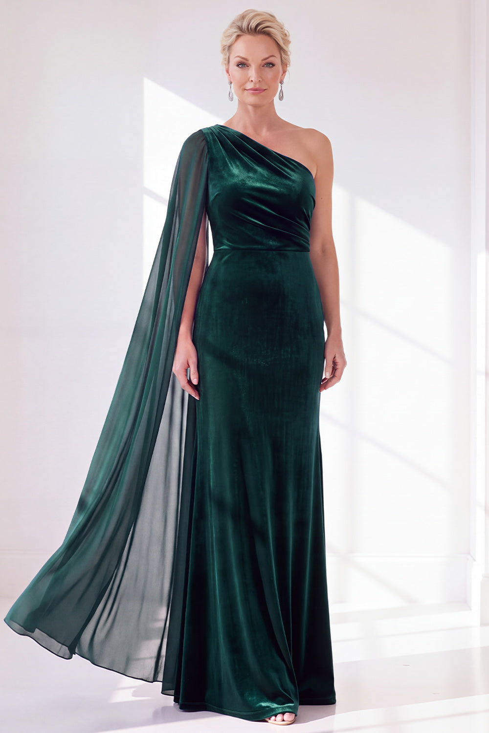 Burgundy One Shoulder Sheath Ruched Mother Of The Bride Dress with Side Cape