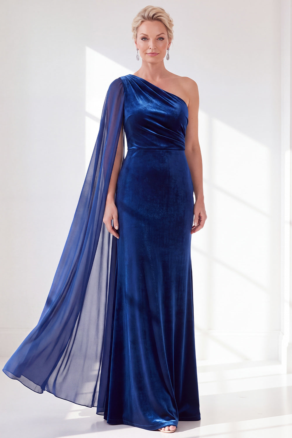 Burgundy One Shoulder Sheath Ruched Mother Of The Bride Dress with Side Cape