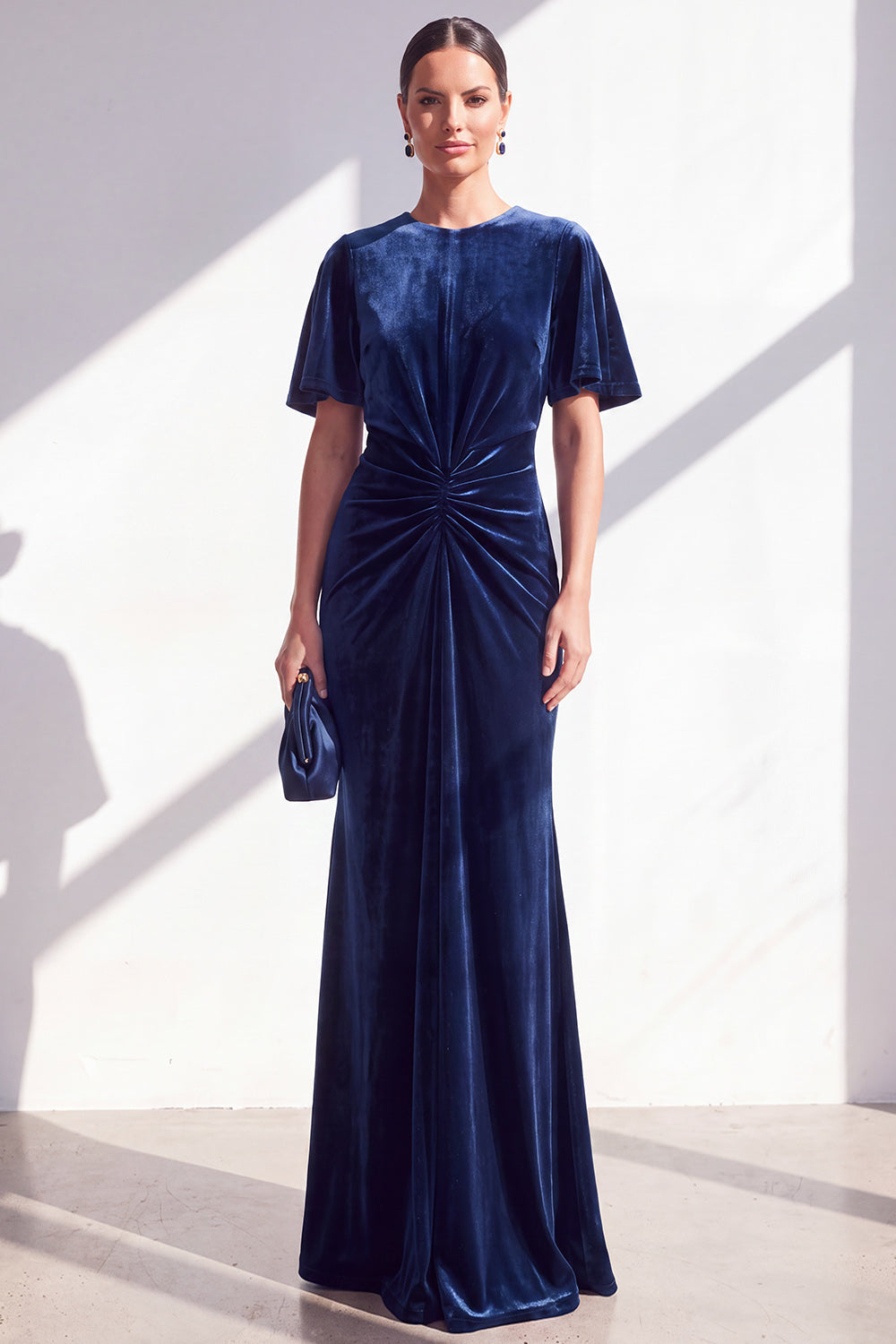 Dark Blue Sheath Ruched Velvet Mother Of The Bride Dress