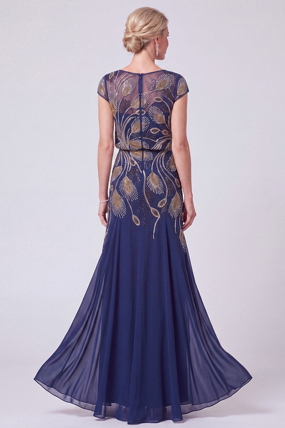Navy Beaded Batueau A-Line Long Mother Of The Bride Dress